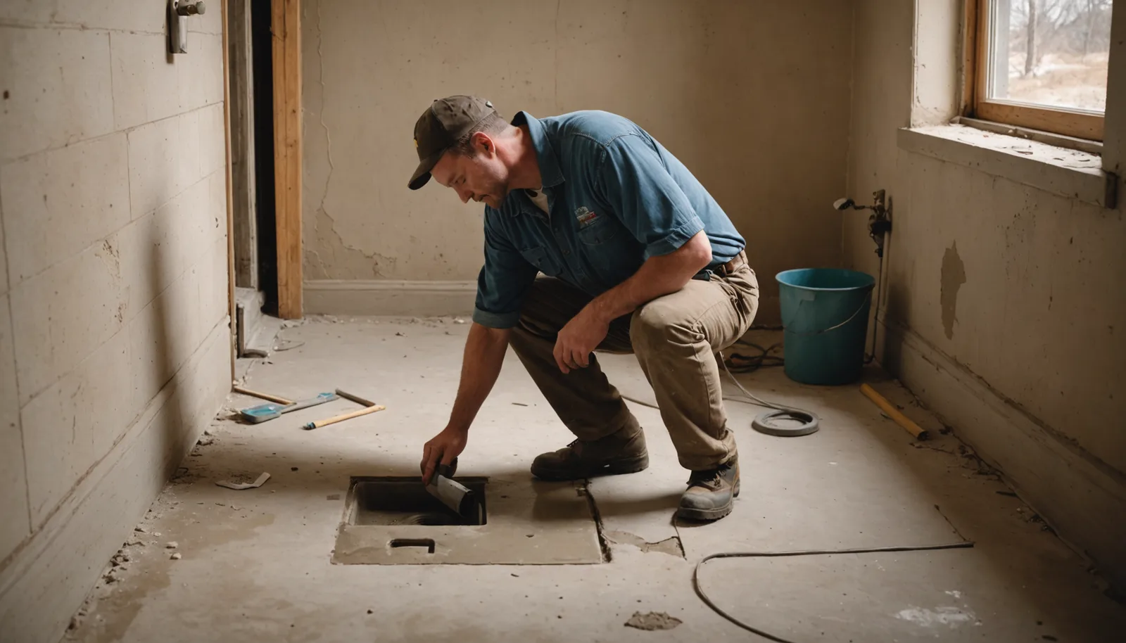 Realistic photo-style illustration of a Kansas City bathroom mid-renovation: exposed concrete subfloor with a floor drain visible, a licensed plumber in work clothes inspecting the drain, porcelain tile stacked nearby, warm natural light from a window, muted earth tones