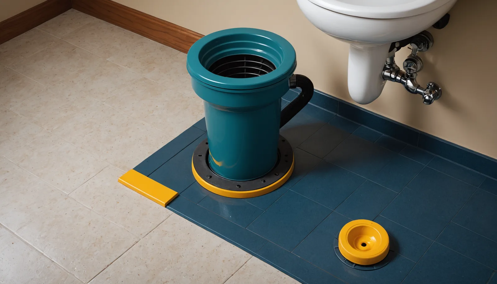 Editorial photography, photorealistic, soft directional natural light with gentle shadows, deep navy and bright teal or amber color palette. Editorial illustration for article: "Floor Drain Installation in Missouri Valley: What Plumbers Do That Flooring Contractors Cannot". Clean composition, upper-left negative space reserved for text overlay. No text, no logos, no UI elements inside the image. Professional B2B aesthetic, high visual quality.