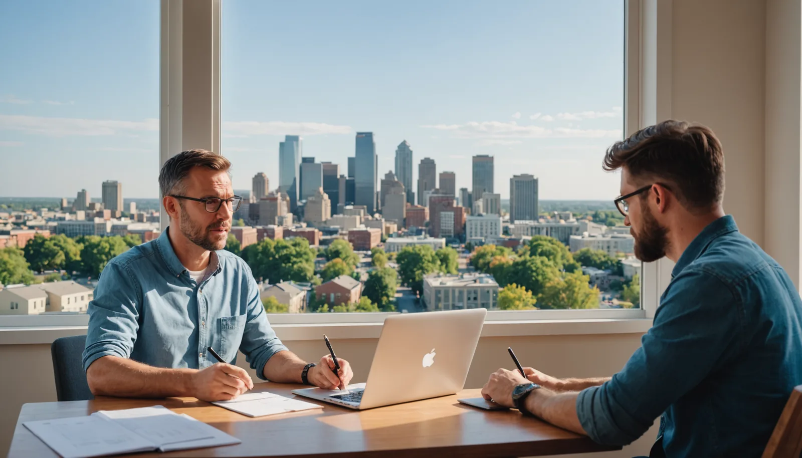 Split-screen illustration of two homeowners: one frustrated at a laptop reviewing contractor quotes with wide price ranges, one relaxed reviewing a clear upfront price on a phone app; warm residential interior setting, flat design style, Kansas City skyline visible through window