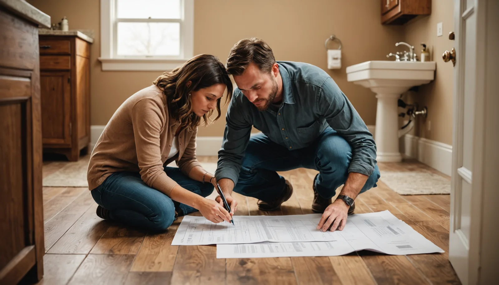 Realistic photo-style illustration of a Missouri Valley homeowner reviewing a contract with a licensed plumber in a bathroom mid-renovation, exposed subfloor visible, natural light, warm neutral tones