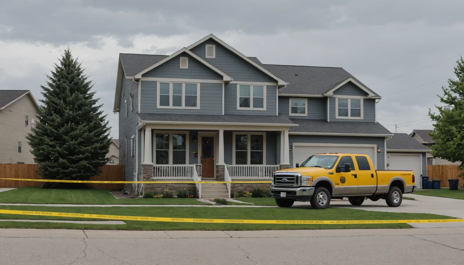 Kansas City suburban home exterior with a contractor truck parked outside, caution tape across an unfinished doorway, overcast sky, muted ochre and grey palette, editorial documentary style