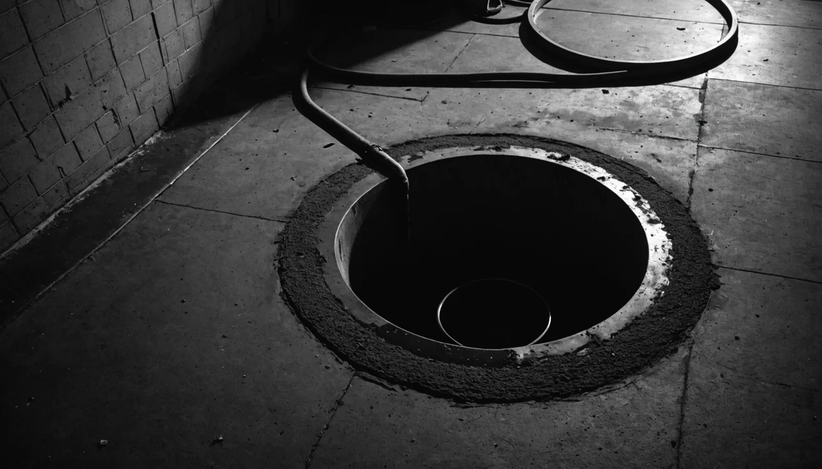 Close-up noir shot of a concrete slab floor with a freshly cut circular opening exposing PVC drain pipes below, a permit notice resting on the rough edge, dramatic single-source light casting deep shadows into the hole, black and white, no people