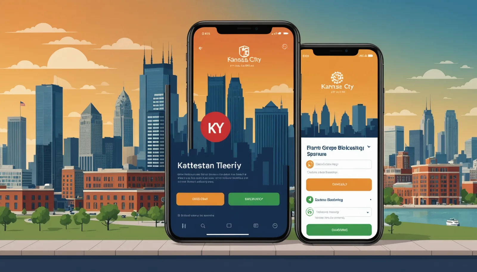 Two side-by-side smartphone screens showing contractor booking apps, one with a red warning icon and one with a green verified badge, Kansas City skyline silhouette in background, warm amber and navy color palette