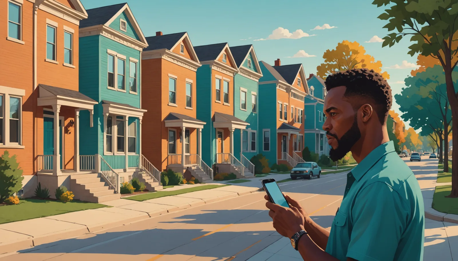 Kansas City neighborhood street with a homeowner on a smartphone comparing contractor options, warm afternoon light, teal and amber color palette, clean editorial style