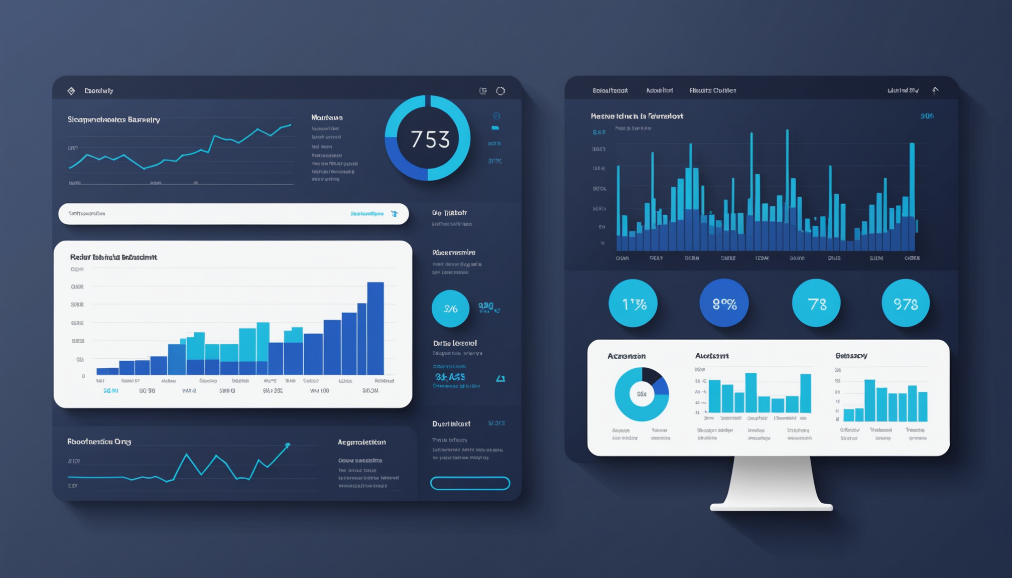 Two dashboards side by side, left showing a traditional SERP rank chart with downward arrow, right showing an AI recommendation graph with upward trend, dark navy and electric blue palette, minimal geometric style
