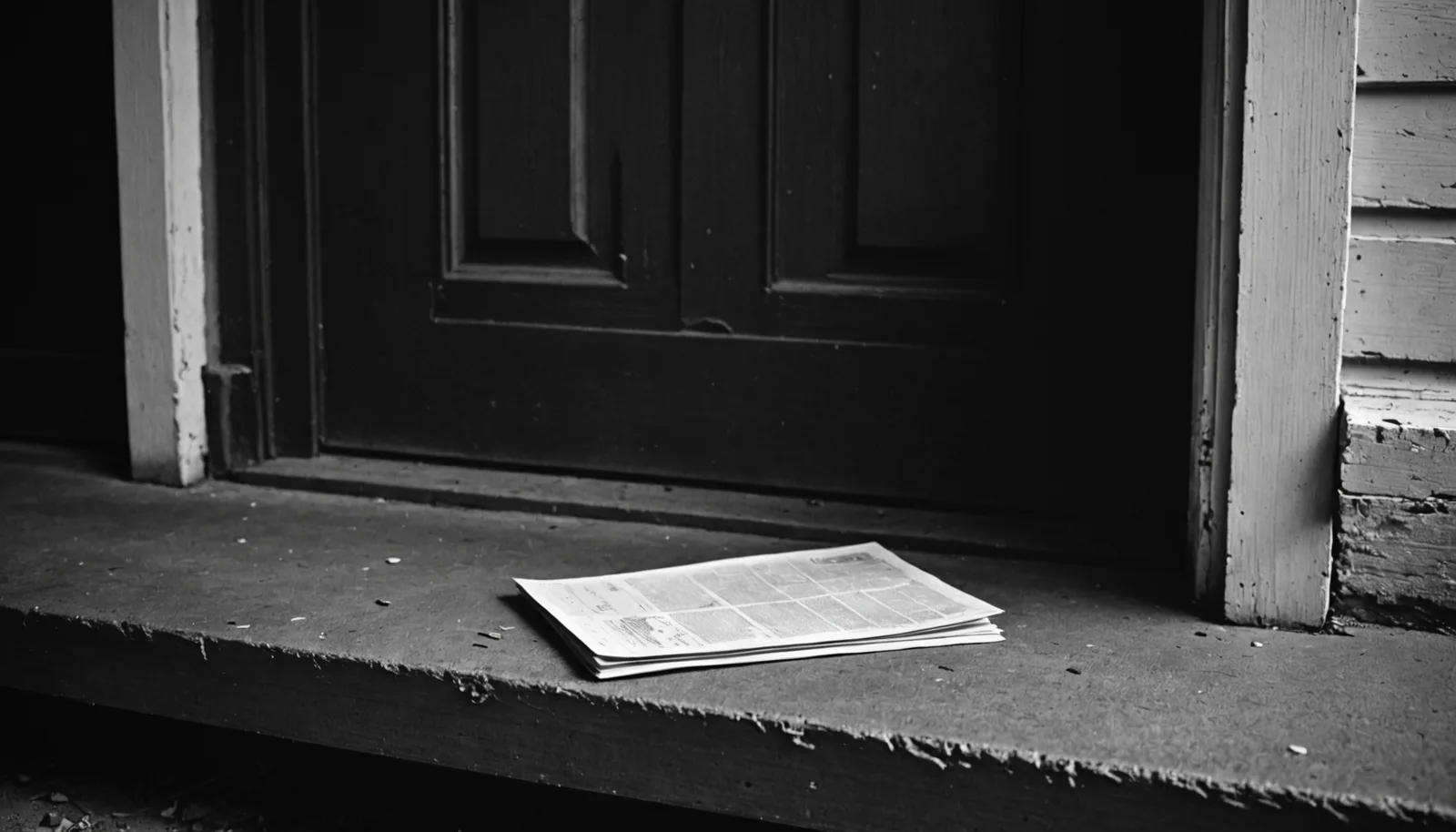 Close-up of a crumbling concrete porch step with a handwritten invoice tucked under a rusted door knocker, dramatic noir shadows, no people, black and white