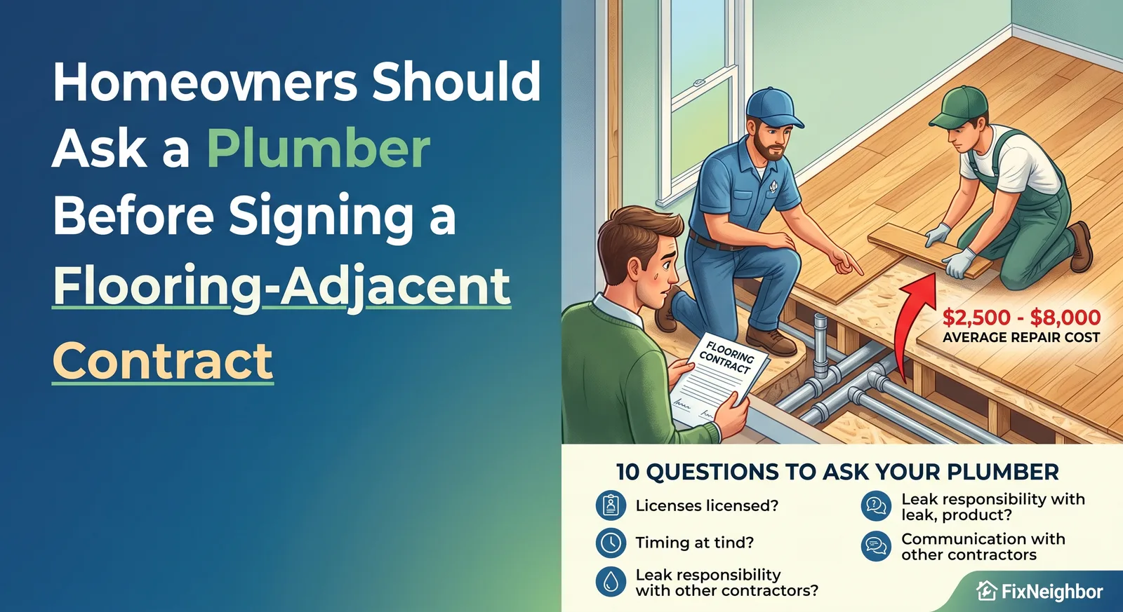 Realistic photo-style illustration of a licensed plumber reviewing blueprints on a kitchen subfloor next to stacked hardwood flooring planks, warm natural light, Kansas City suburban home interior background