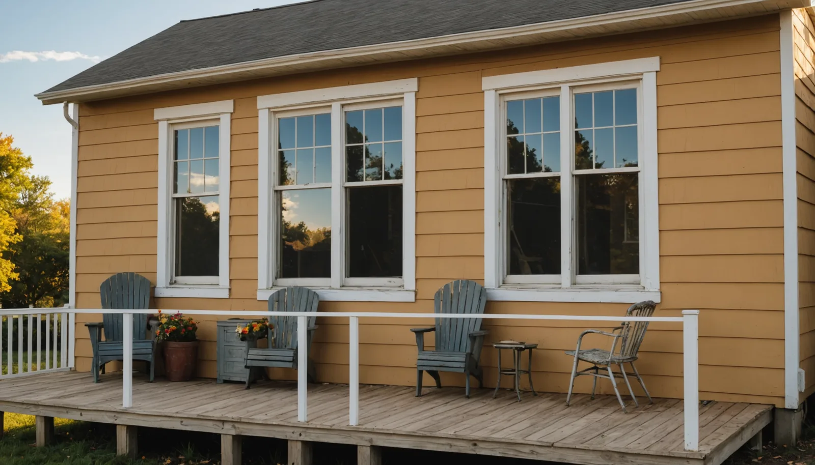 Photorealistic exterior of a Kansas City suburban home in late summer, showing a weathered deck with slightly buckled boards and a window with peeling caulk, warm golden afternoon light, slightly overcast sky, editorial photography style